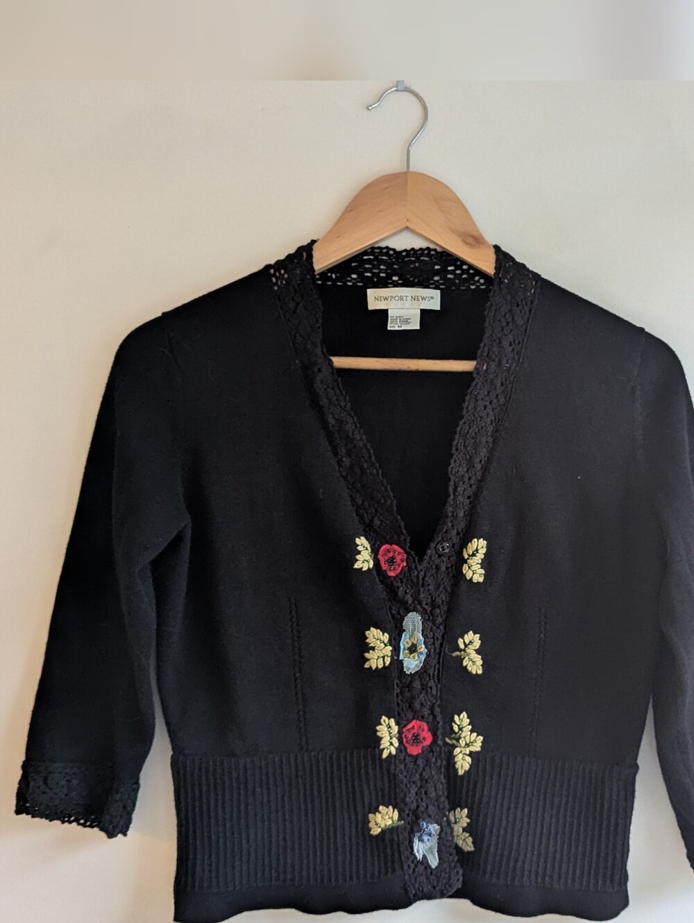Newport News Black V-Neck Cardigan with Floral Embroidery